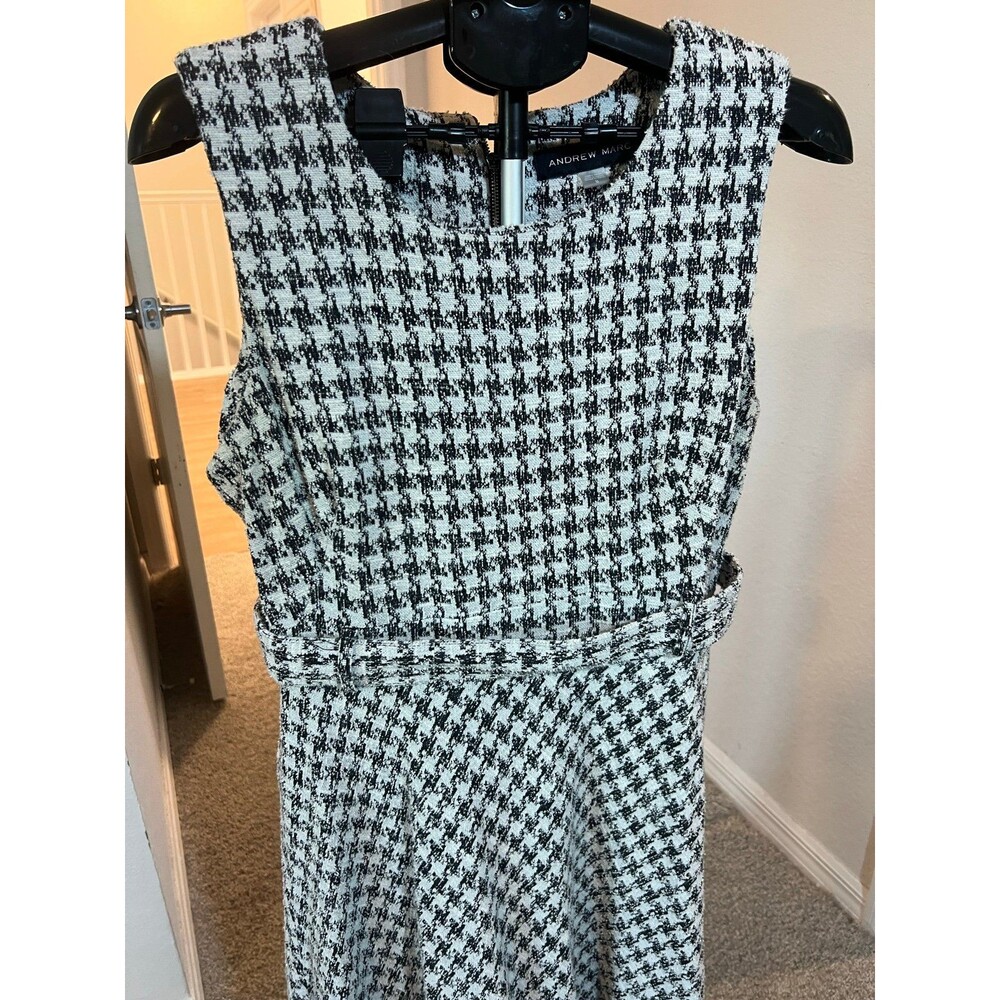 Andrew Marc Women’s Black & White Houndstooth Midi Front Tie Dress Size 16 - Picture 4 of 12